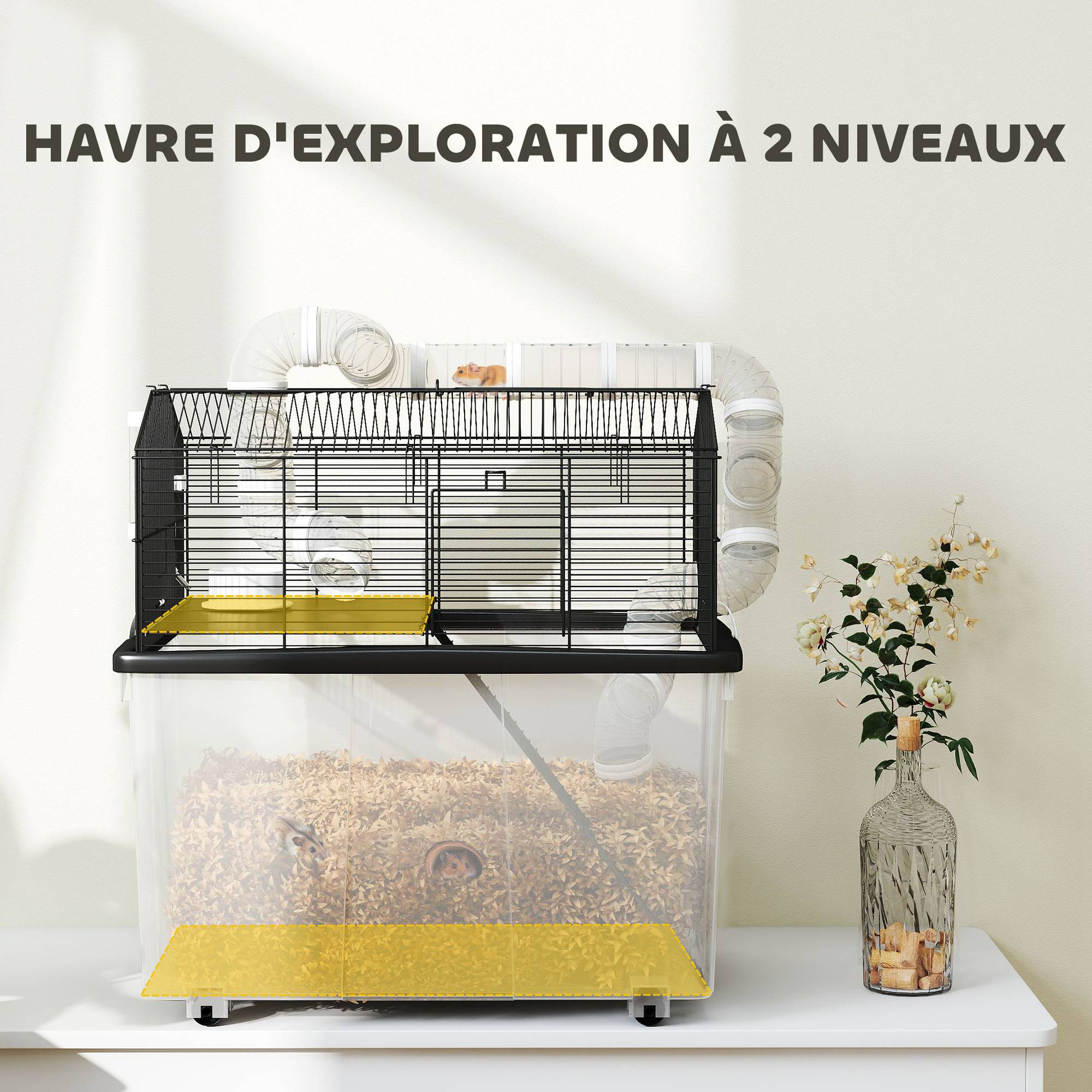 Cage hamster nain acier avec tubes de jeu et accessoires complets 58x57cm noir - ComfortXL Outdoor Living - Image 6