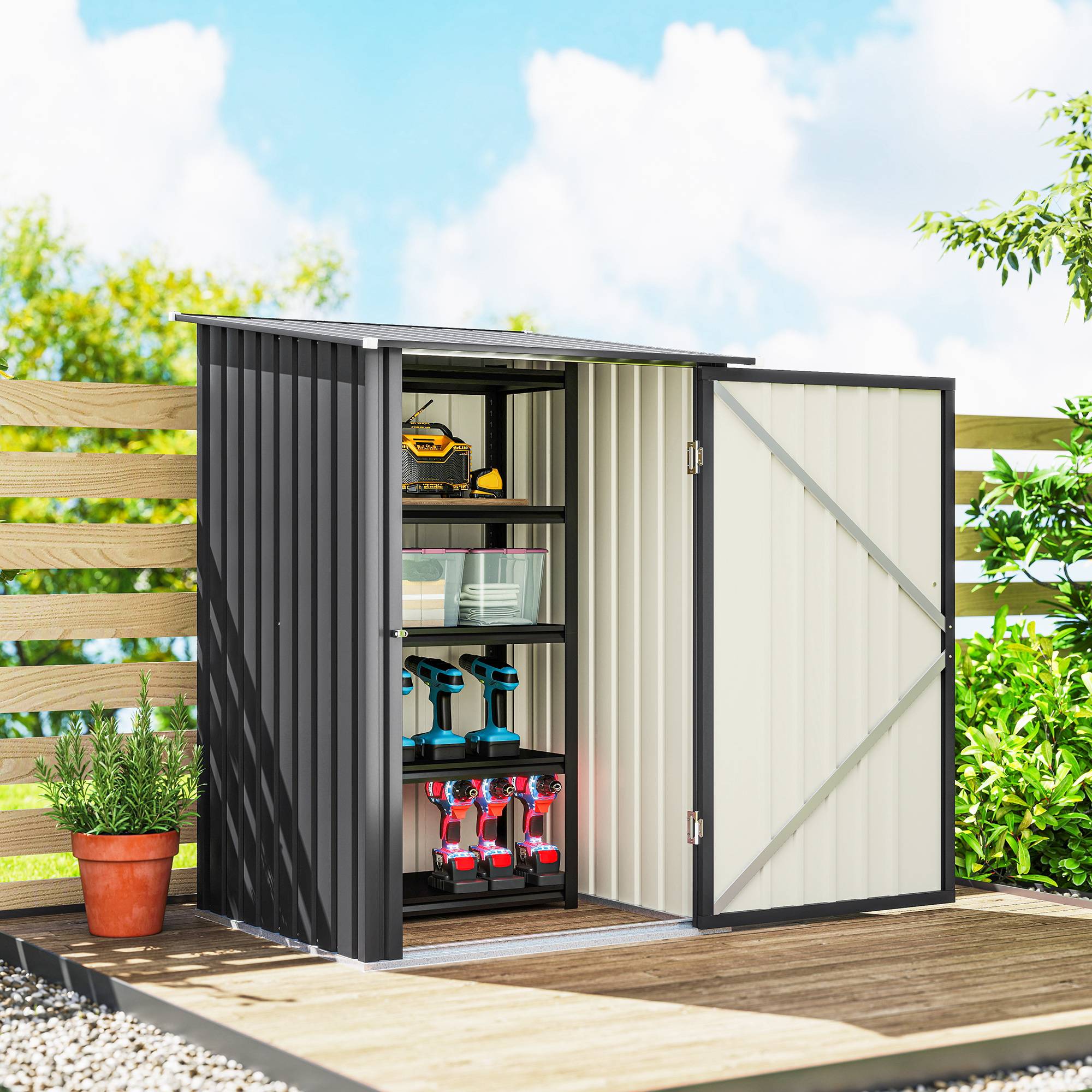 ComfortXL - Abri de jardin en acier galvanisé gris foncé 1 m² 100 x 104 x 160 cm pour outils avec porte à loquet et toit incliné - Image 7