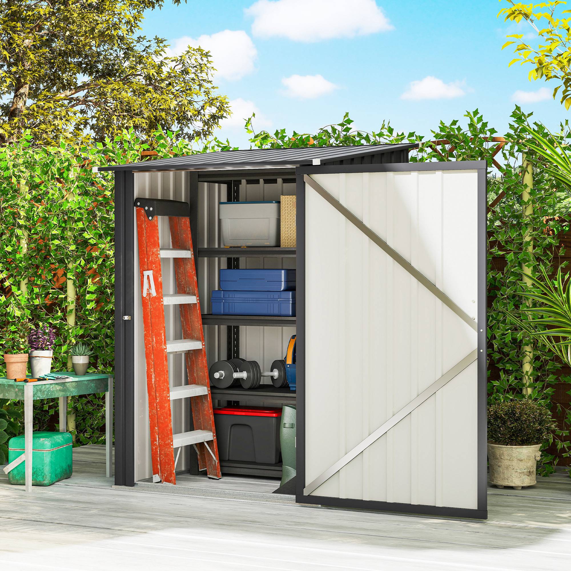 ComfortXL - Abri de jardin en acier galvanisé gris foncé 1 m² 100 x 104 x 160 cm pour outils avec porte à loquet et toit incliné - Image 1