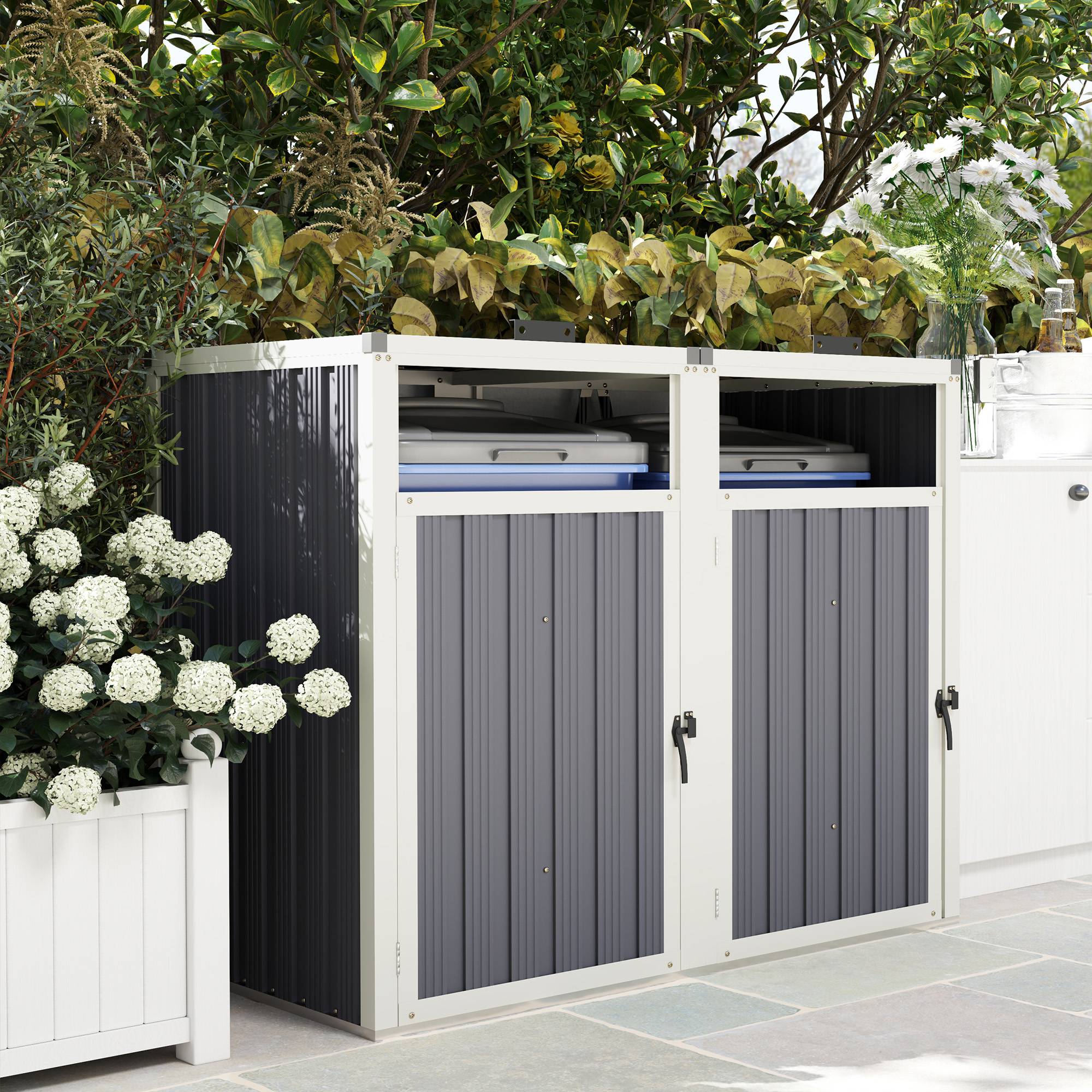 ComfortXL - Cache-poubelles double extérieur acier zinc couvercles portes 146x81x122cm gris foncé - ComfortXL Outdoor Living - Image 4