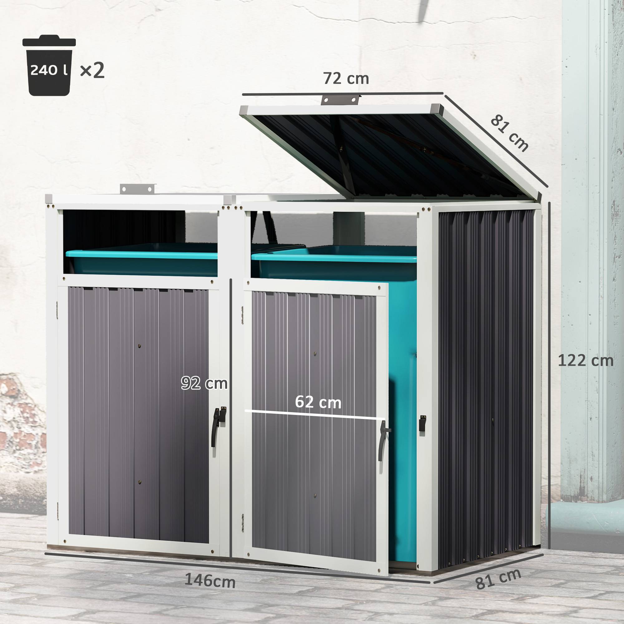ComfortXL - Cache-poubelles double extérieur acier zinc couvercles portes 146x81x122cm gris foncé - ComfortXL Outdoor Living - Image 5