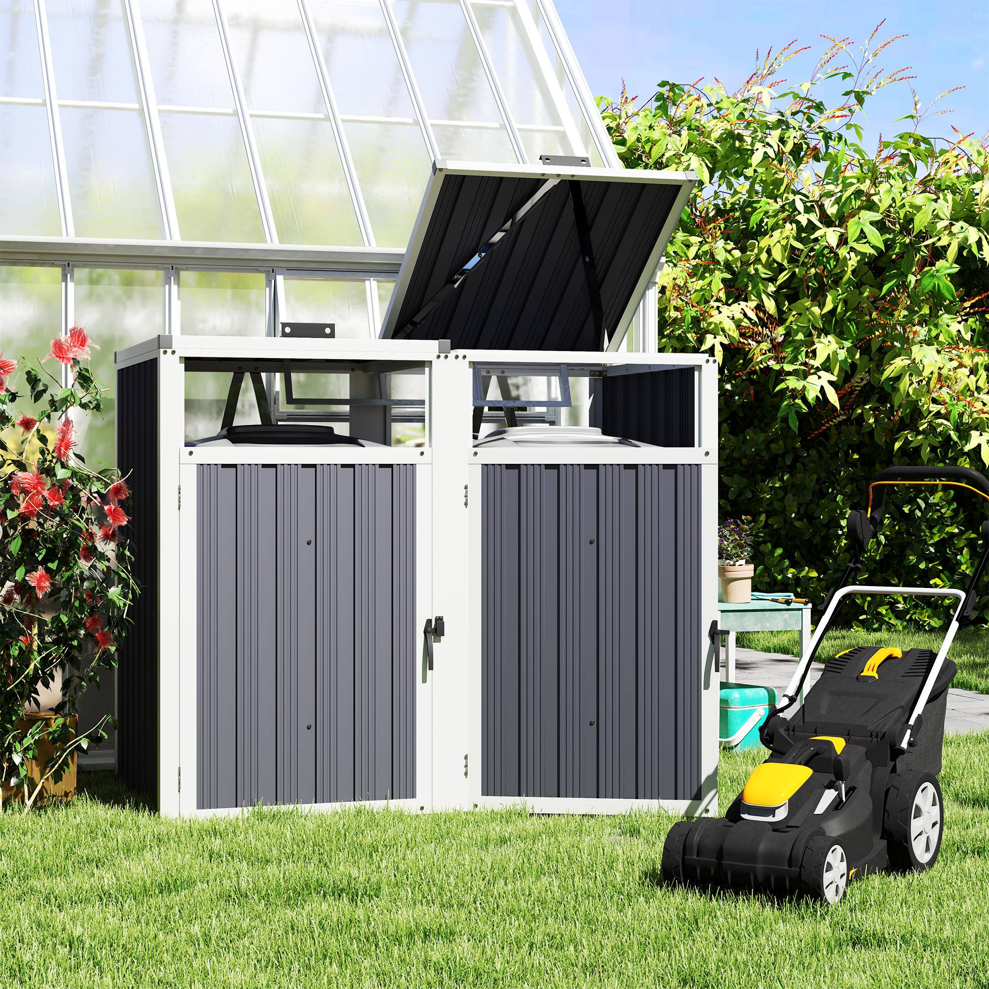 ComfortXL - Cache-poubelles double extérieur acier zinc couvercles portes 146x81x122cm gris foncé - ComfortXL Outdoor Living - Image 3