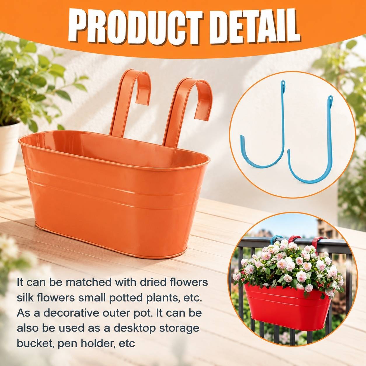 Pot de Fleurs Suspendu Métal Grand avec Trou de Drainage et Poignée Amovible pour Balcon Jardin - Image 6