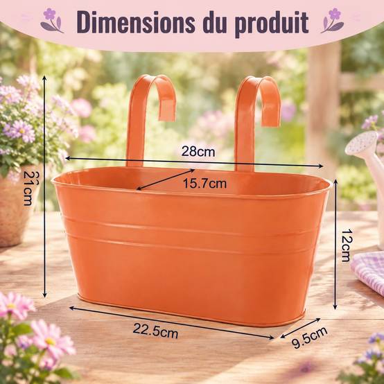 Pot de Fleurs Suspendu Métal Grand avec Trou de Drainage et Poignée Amovible pour Balcon Jardin - Image 2