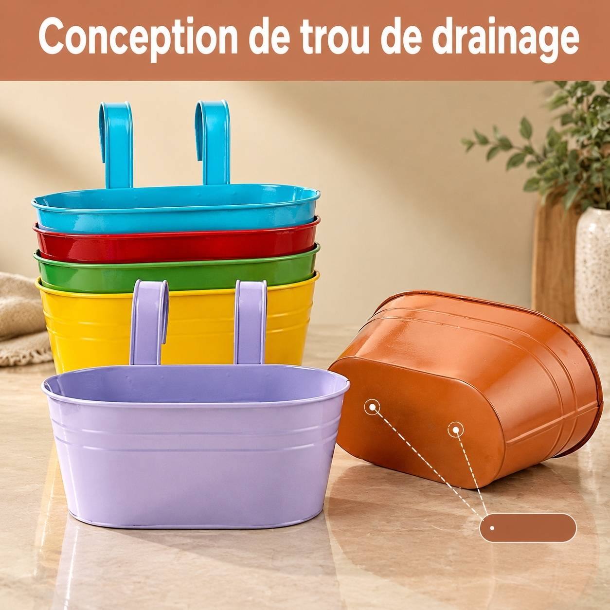 Pot de Fleurs Suspendu Métal Grand avec Trou de Drainage et Poignée Amovible pour Balcon Jardin - Image 4