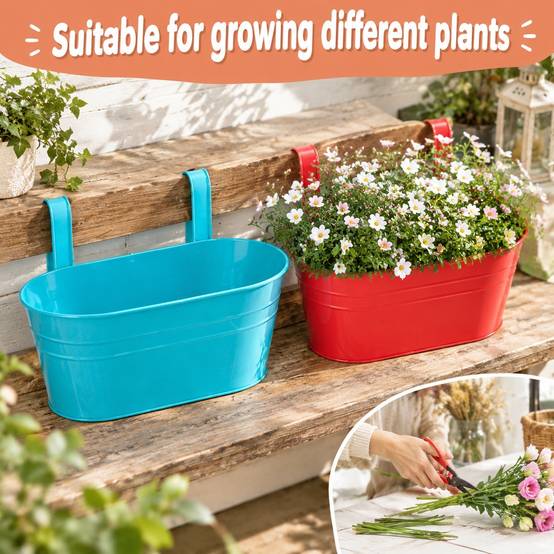 Pot de Fleurs Suspendu Métal Grand avec Trou de Drainage et Poignée Amovible pour Balcon Jardin - Image 5
