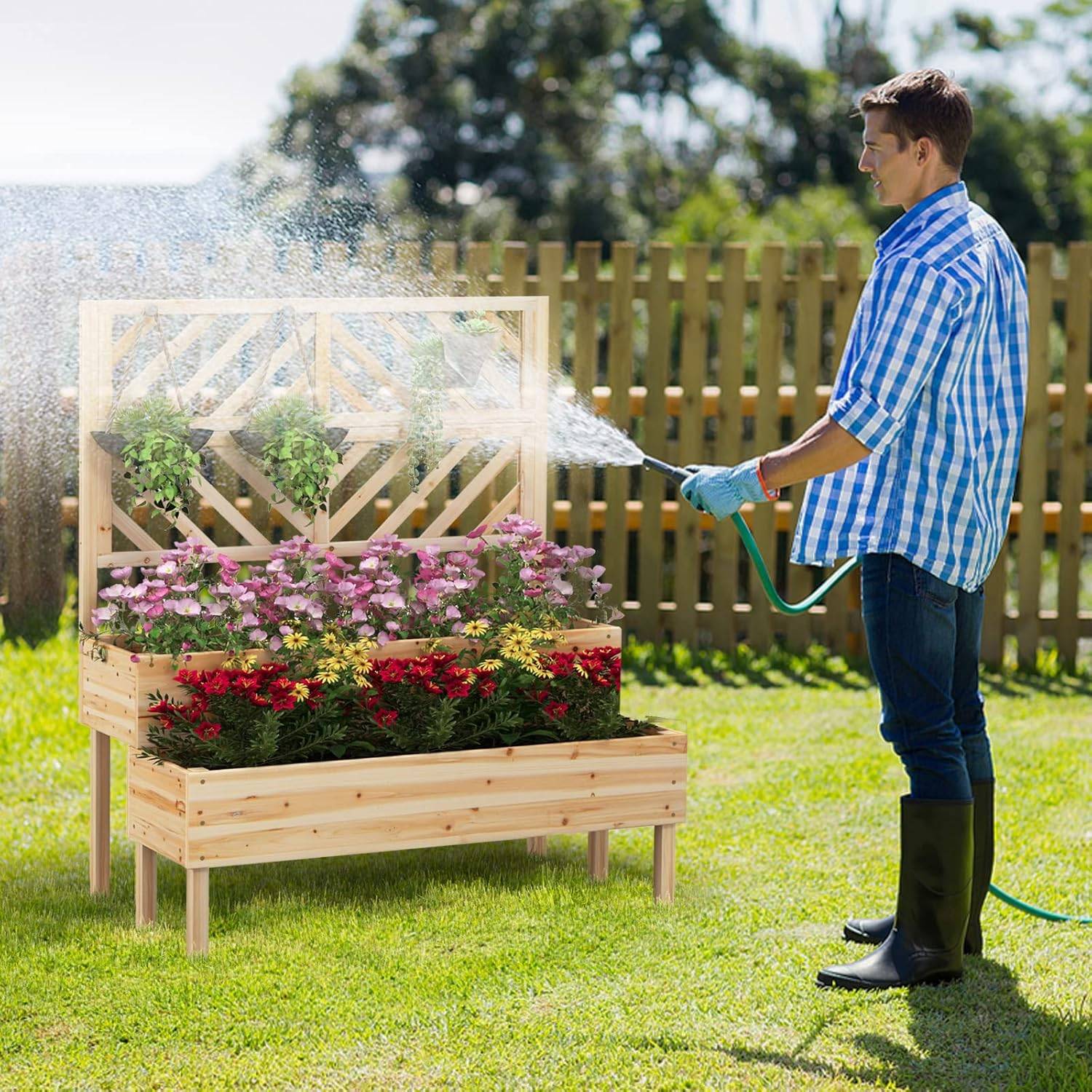 Jardinière 2 Niveaux avec Treillis en Bois, Résistance aux Intempéries 109 x 62 x 135 cm - Image 4