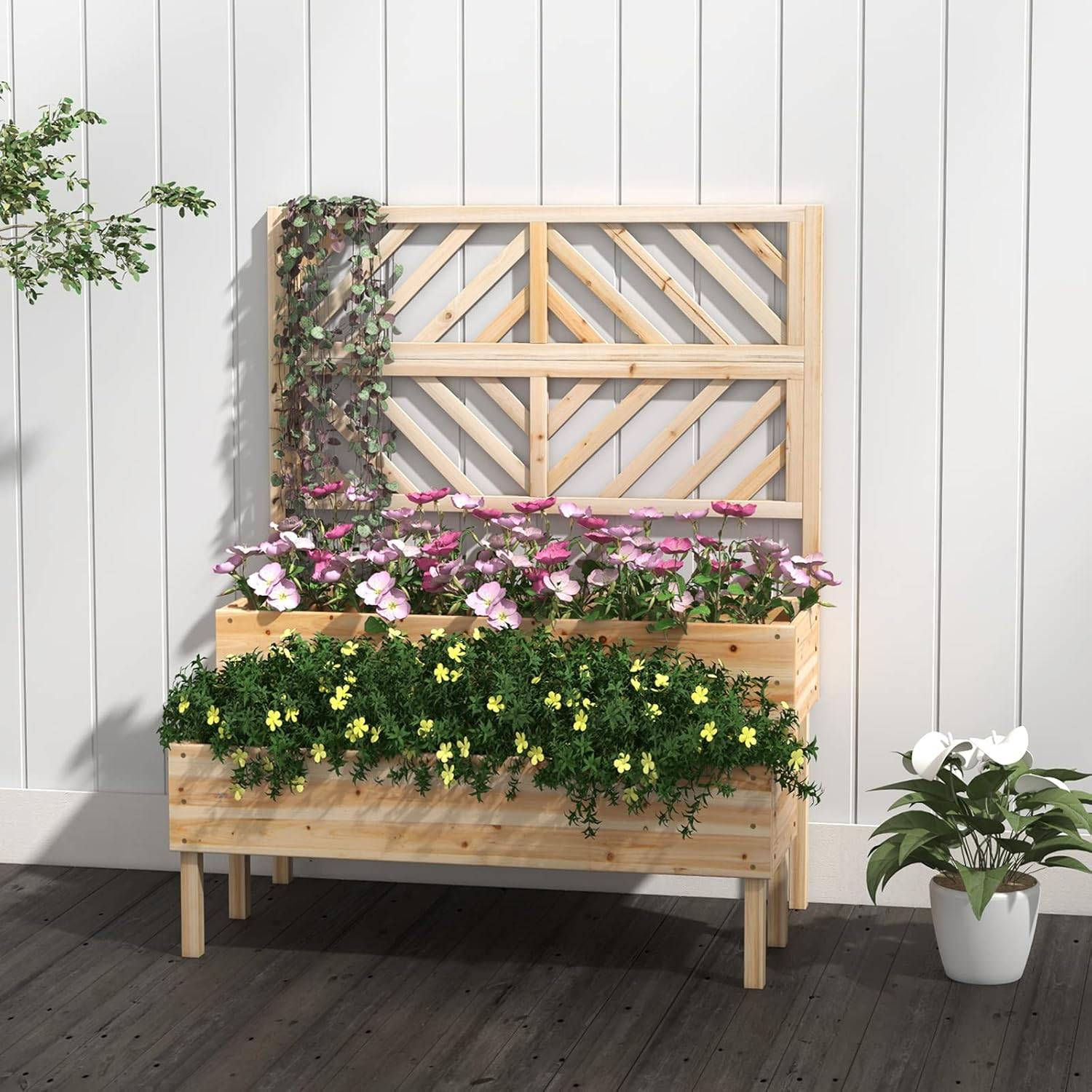 Jardinière 2 Niveaux avec Treillis en Bois, Résistance aux Intempéries 109 x 62 x 135 cm - Image 2