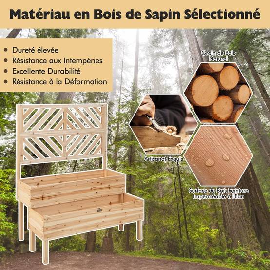 Jardinière 2 Niveaux avec Treillis en Bois, Résistance aux Intempéries 109 x 62 x 135 cm - Image 8