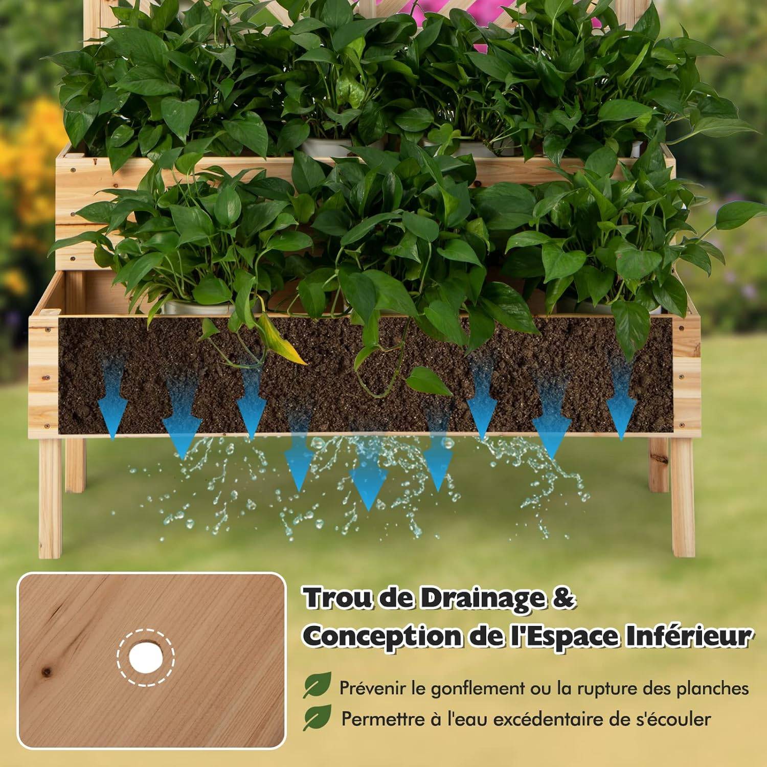 Jardinière 2 Niveaux avec Treillis en Bois, Résistance aux Intempéries 109 x 62 x 135 cm - Image 6