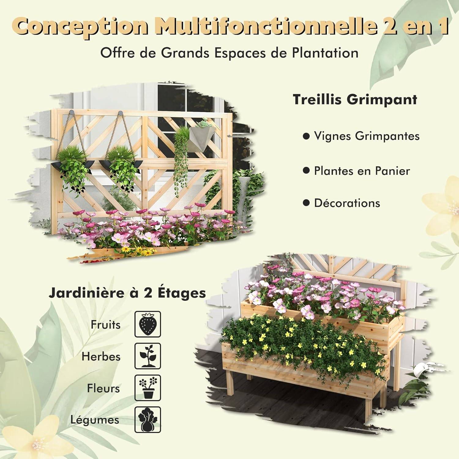Jardinière 2 Niveaux avec Treillis en Bois, Résistance aux Intempéries 109 x 62 x 135 cm - Image 7