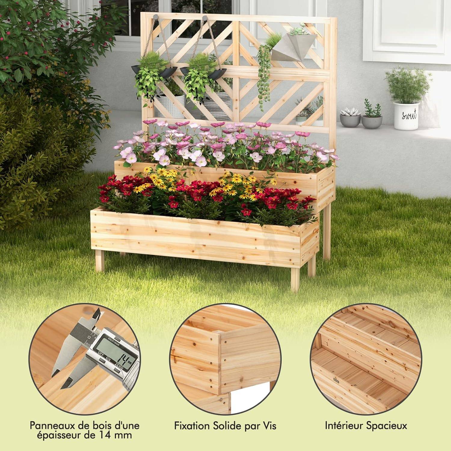 Jardinière 2 Niveaux avec Treillis en Bois, Résistance aux Intempéries 109 x 62 x 135 cm - Image 5