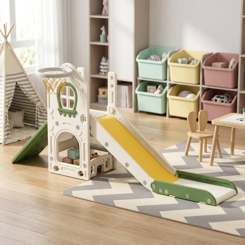 Toboggan pliable 4-en-1 pour tout-petit avec élément d’escalade, panier de basket, rangement et ballon, 1-3 ans, blanc crème - Image 8