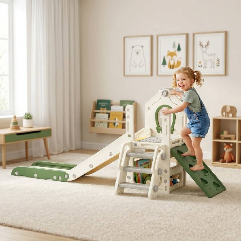 Toboggan pliable 4-en-1 pour tout-petit avec élément d’escalade, panier de basket, rangement et ballon, 1-3 ans, blanc crème - Image 2