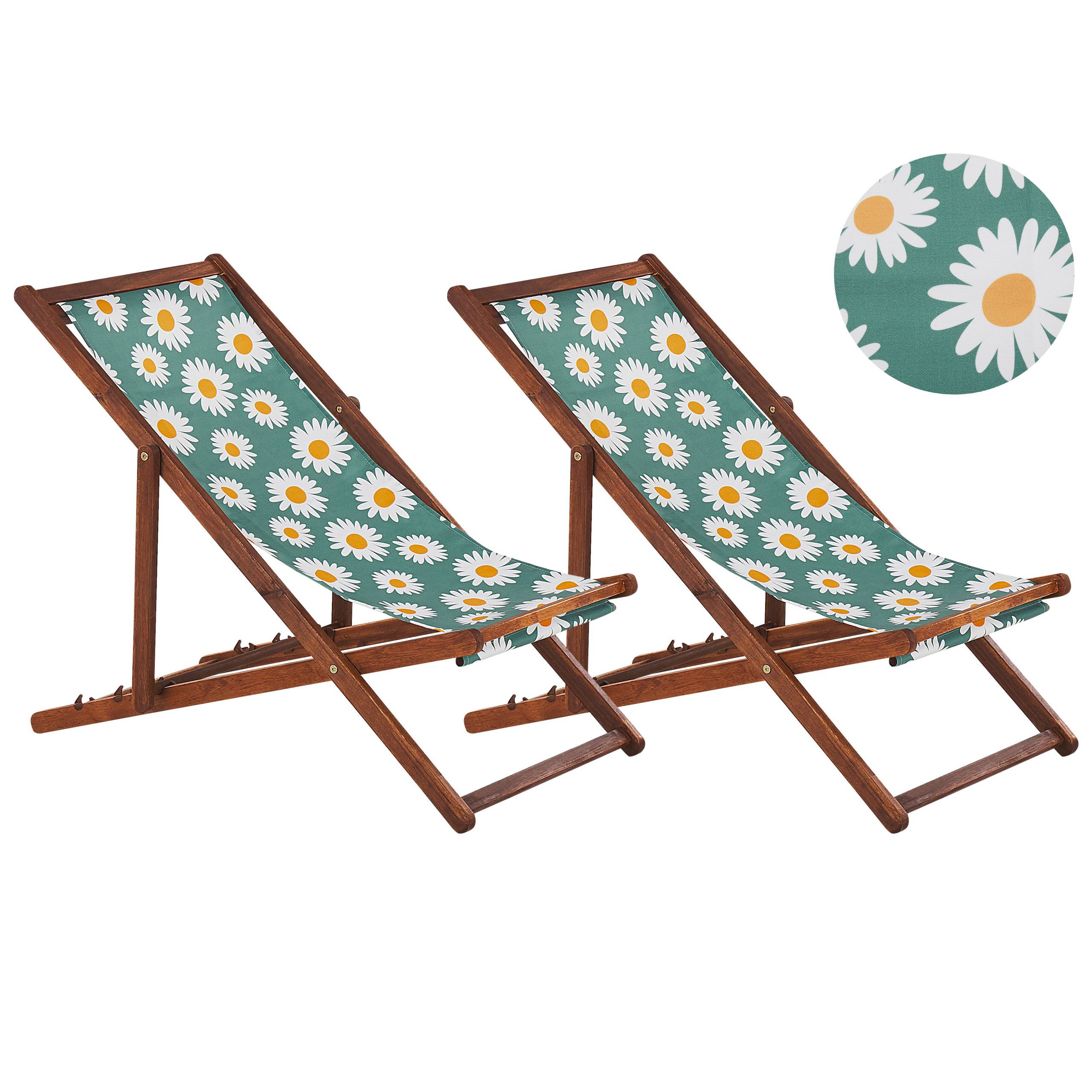 Beliani - 2 Transats Chiliennes Pliantes et Réglables en Bois d'Acacia Foncé et Textile Motif Paquerettes avec Toiles de Remplacement - Imagen 1