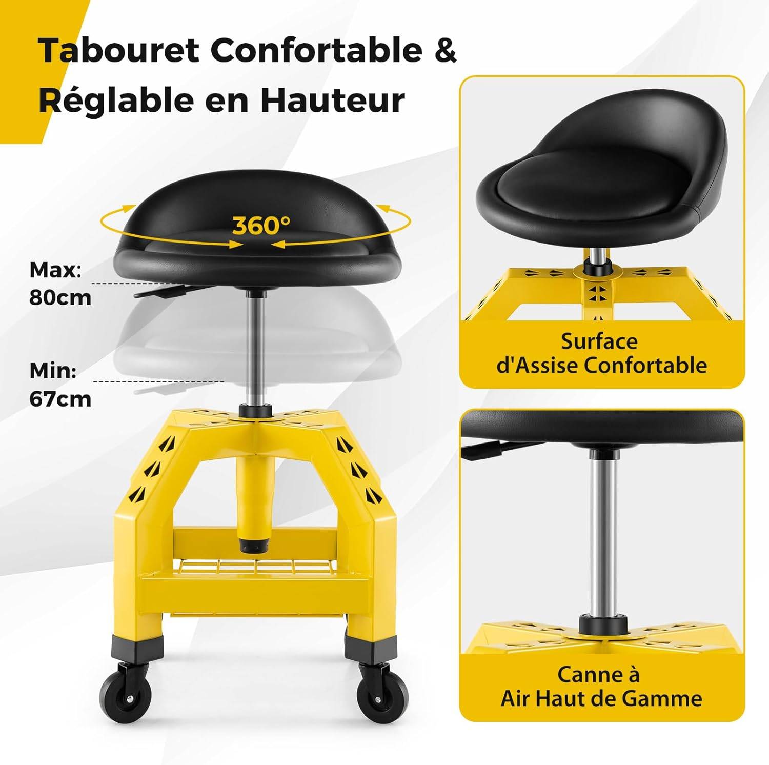 Tabouret mobile d'atelier avec tiroir, compartiments et plateau à outils et vis, chaise pour Maccanico Atelier porte-bagages, roulettes pivotantes à 360°, assise rembourrée et structure en acier