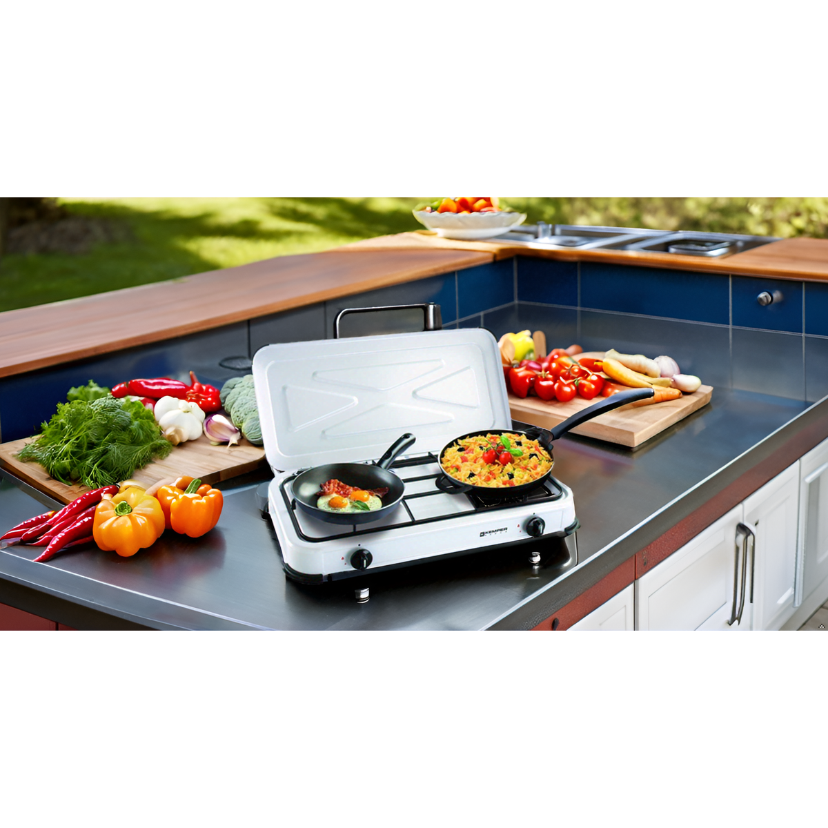 Plaque de cuisson Gaz 2 feux portable 2600W Blanc Couvercle amovible - Réchaud Camping Cuisine Exterieure KEMPER - Image 3