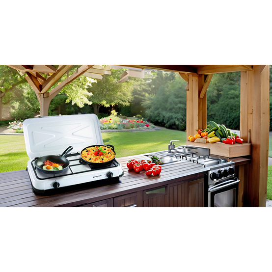Plaque de cuisson Gaz 2 feux portable 2600W Blanc Couvercle amovible - Réchaud Camping Cuisine Exterieure KEMPER - Image 4