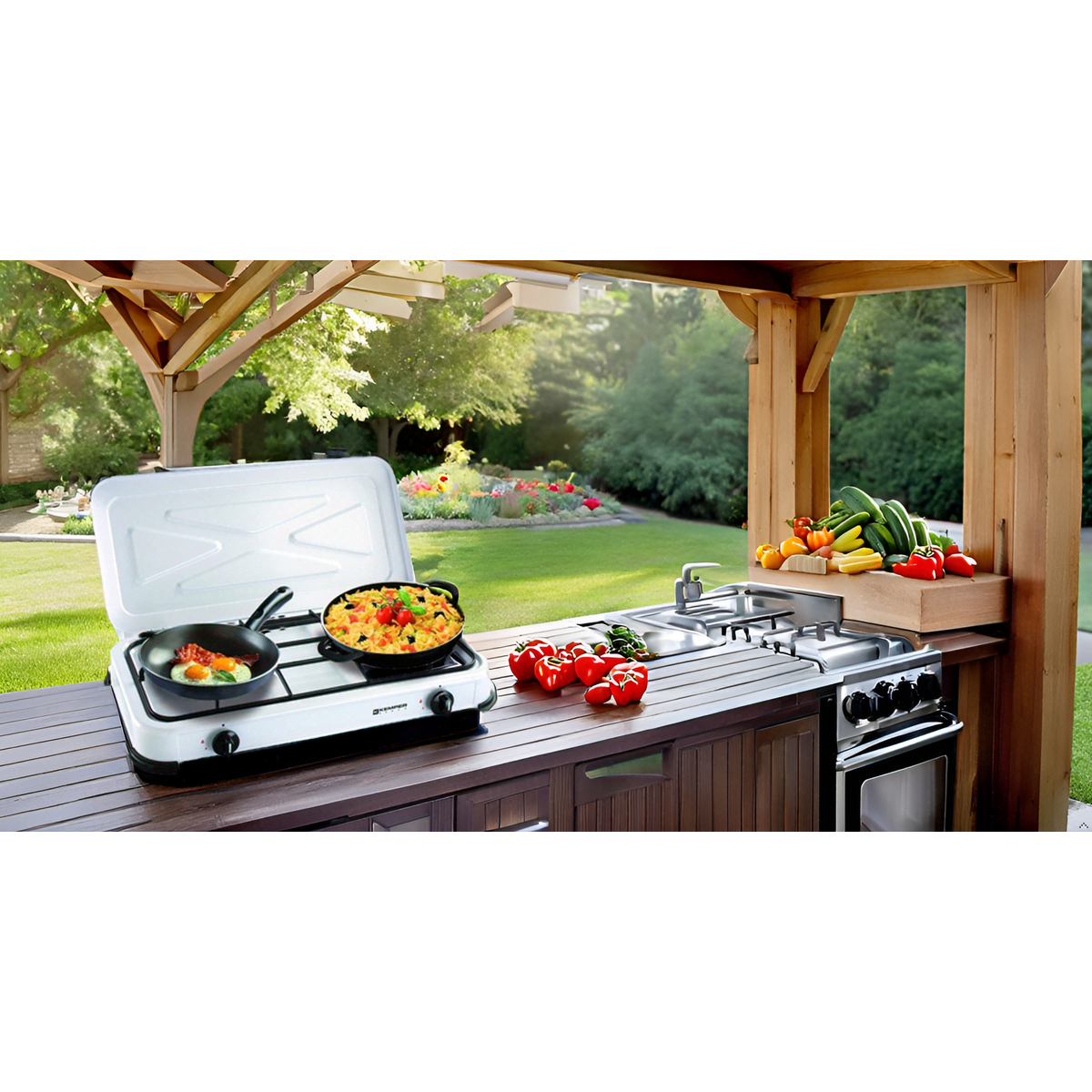 Plaque de cuisson Gaz 2 feux portable 2600W Blanc Couvercle amovible - Réchaud Camping Cuisine Exterieure KEMPER - Image 4