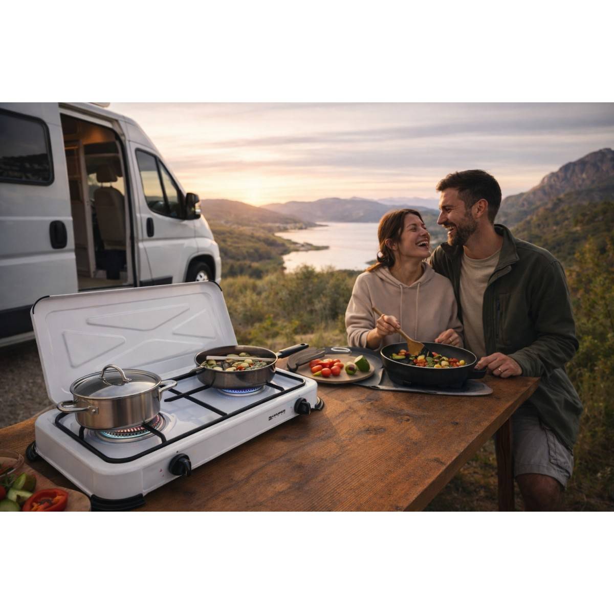 Plaque de cuisson Gaz 2 feux portable 2600W Blanc Couvercle amovible - Réchaud Camping Cuisine Exterieure KEMPER - Image 2