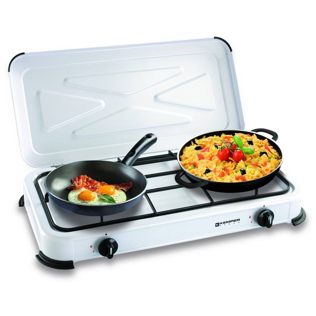 Plaque de cuisson Gaz 2 feux portable 2600W Blanc Couvercle amovible - Réchaud Camping Cuisine Exterieure KEMPER - Image 1
