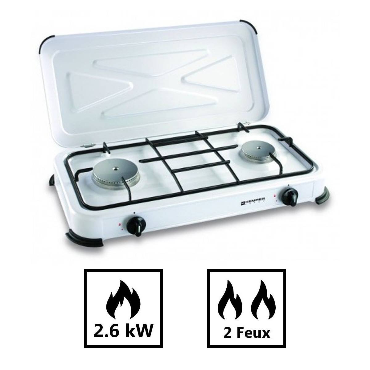 Plaque de cuisson Gaz 2 feux portable 2600W Blanc Couvercle amovible - Réchaud Camping Cuisine Exterieure KEMPER - Image 7
