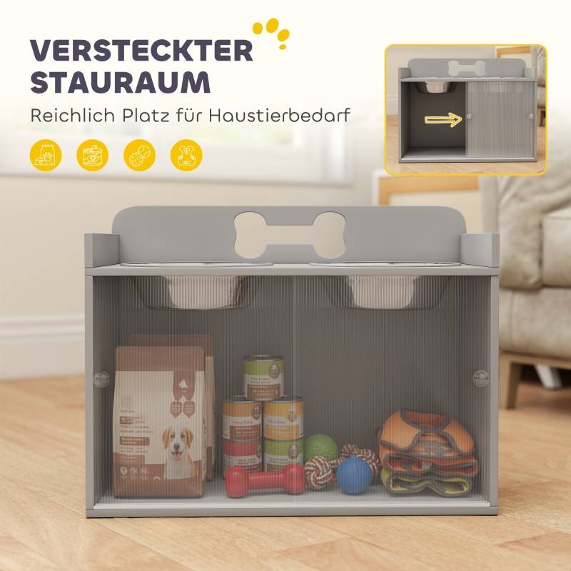 Station de nourriture surélevée avec 2 bols et armoire, MDF, acier inoxydable, motif os, 60 x 30 x 46 cm, Gris - PANGIVO - Image 4