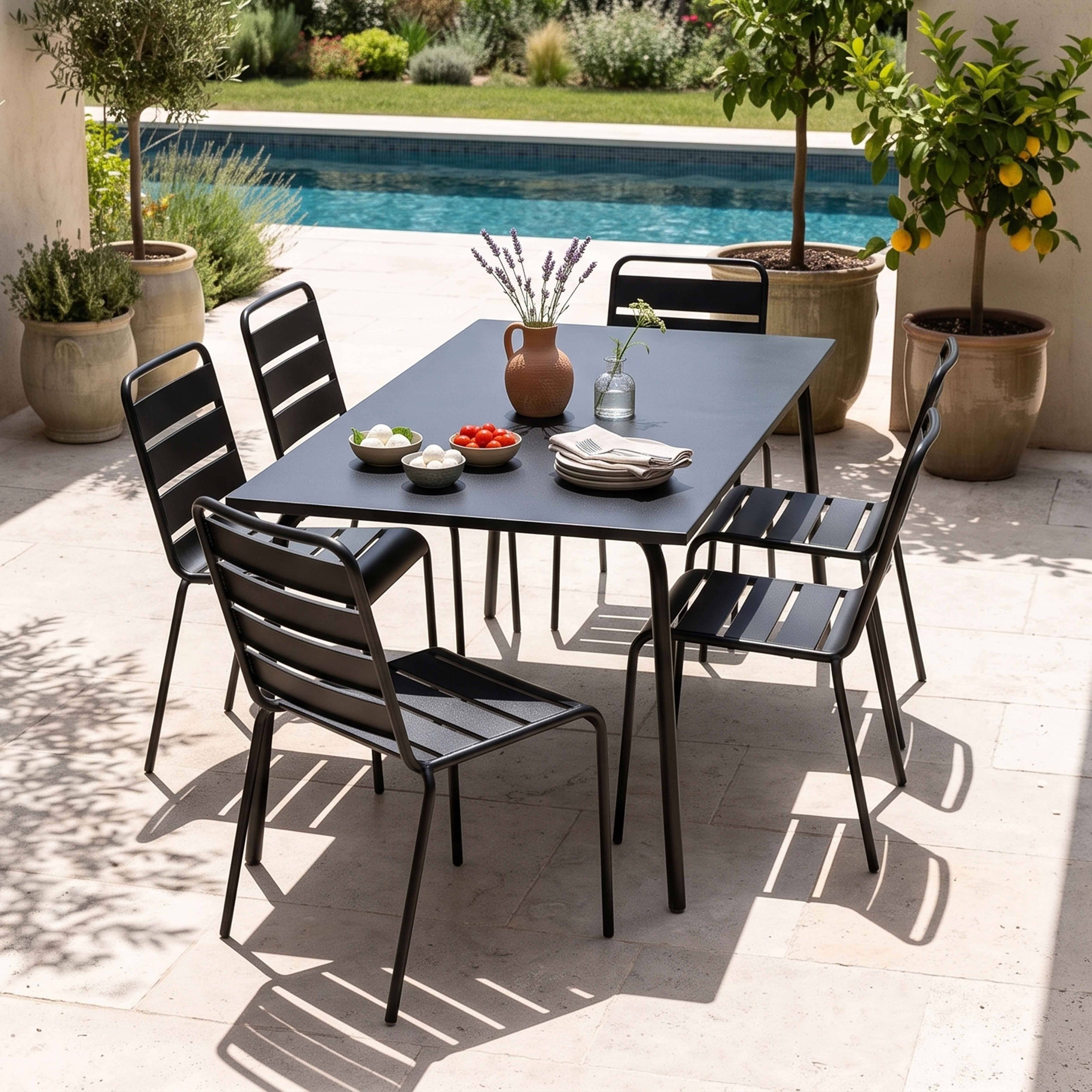 Oviala - Ensemble table de jardin et 6 chaises en métal noir Palavas - Oviala - Image 2