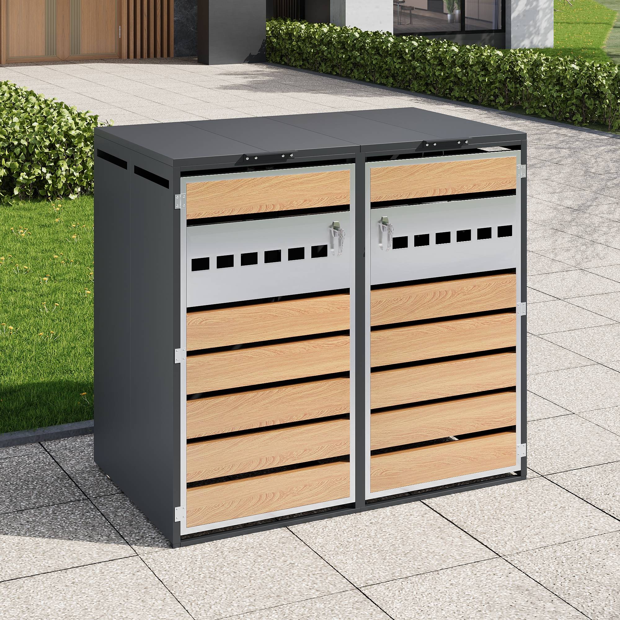 Cache-poubelle double acier galvanisé jardin couvercle hydraulique 132x80x118cm gris bois - ComfortXL Outdoor Living - Image 1