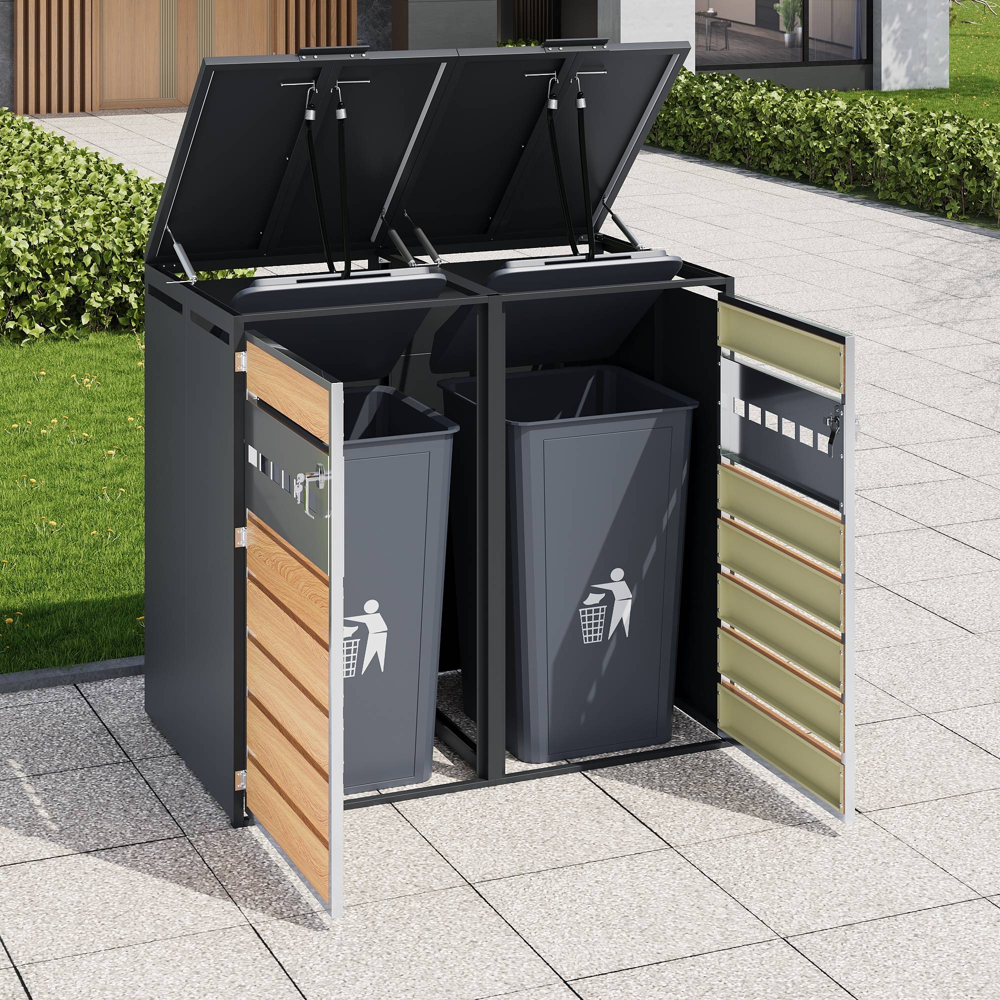 Cache-poubelle double acier galvanisé jardin couvercle hydraulique 132x80x118cm gris bois - ComfortXL Outdoor Living - Image 4