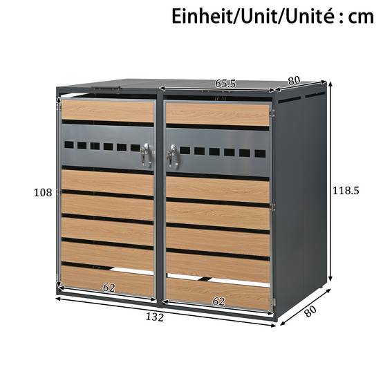 Cache-poubelle double acier galvanisé jardin couvercle hydraulique 132x80x118cm gris bois - ComfortXL Outdoor Living - Image 3