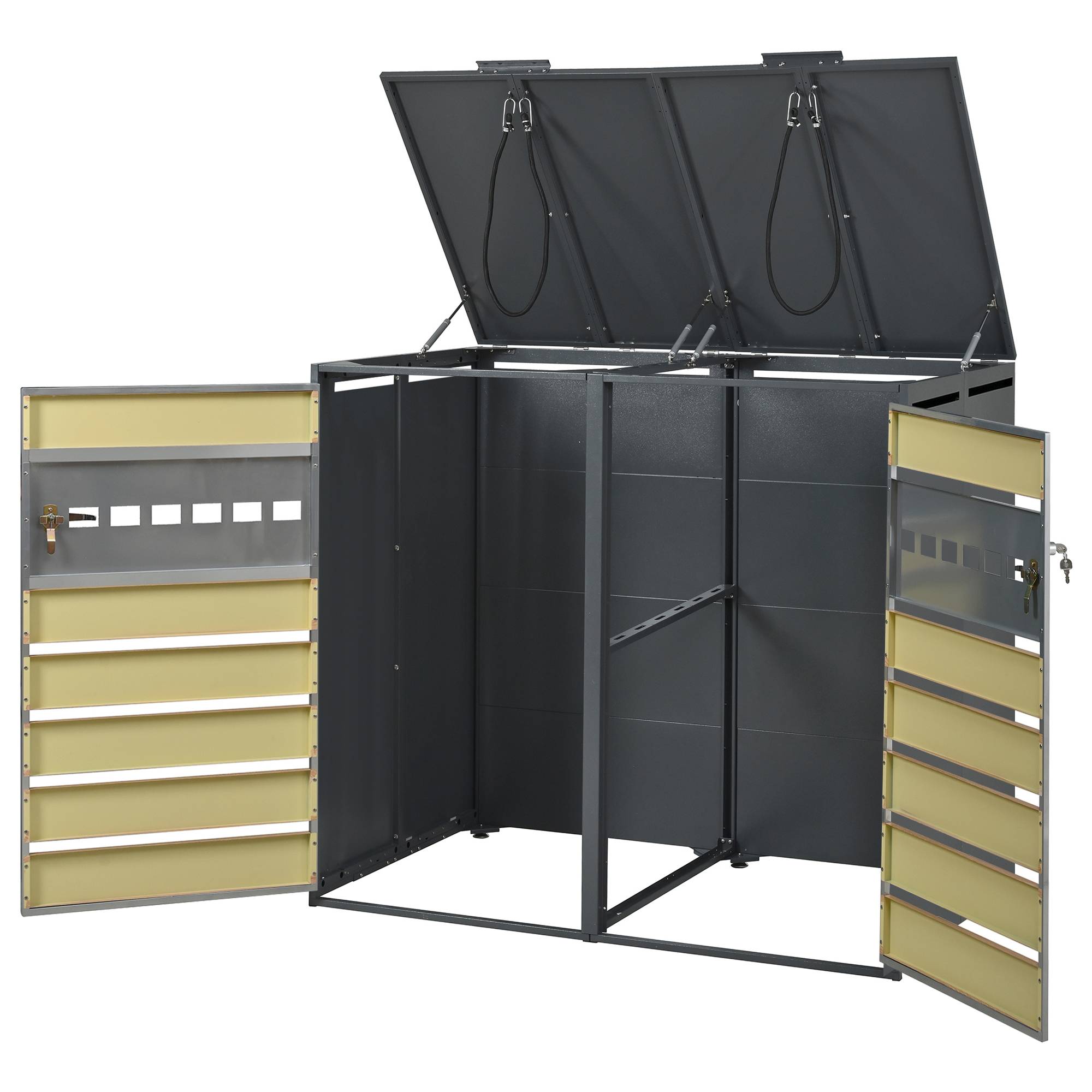 Cache-poubelle double acier galvanisé jardin couvercle hydraulique 132x80x118cm gris bois - ComfortXL Outdoor Living - Image 7