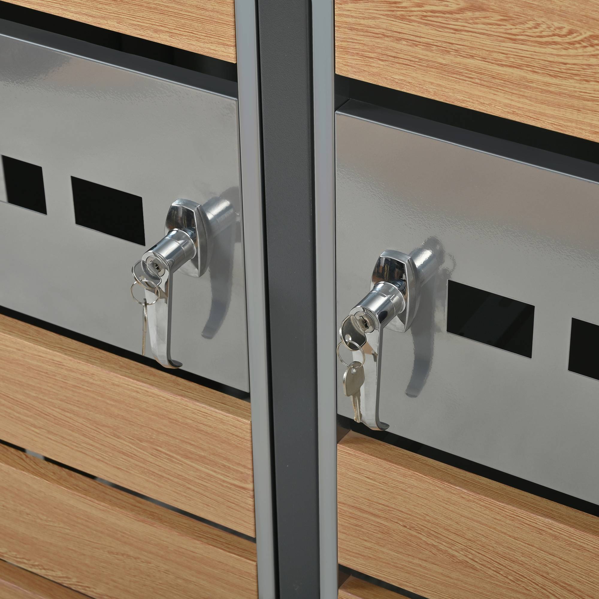 Cache-poubelle double acier galvanisé jardin couvercle hydraulique 132x80x118cm gris bois - ComfortXL Outdoor Living - Image 6