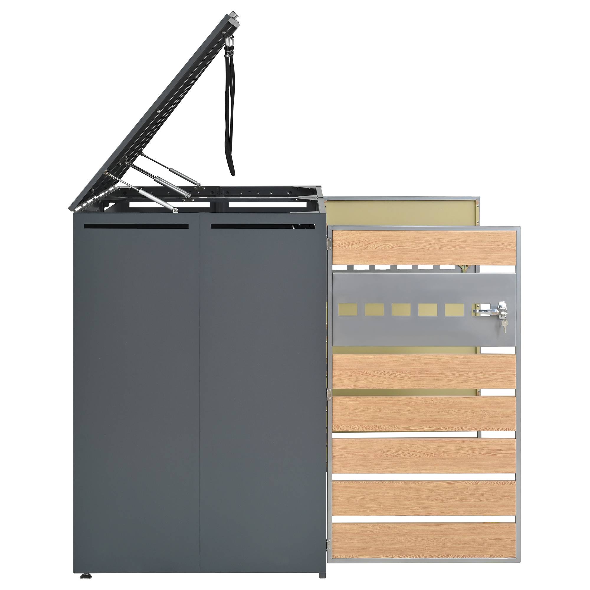 Cache-poubelle double acier galvanisé jardin couvercle hydraulique 132x80x118cm gris bois - ComfortXL Outdoor Living - Image 5