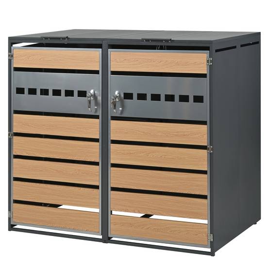 Cache-poubelle double acier galvanisé jardin couvercle hydraulique 132x80x118cm gris bois - ComfortXL Outdoor Living - Image 2