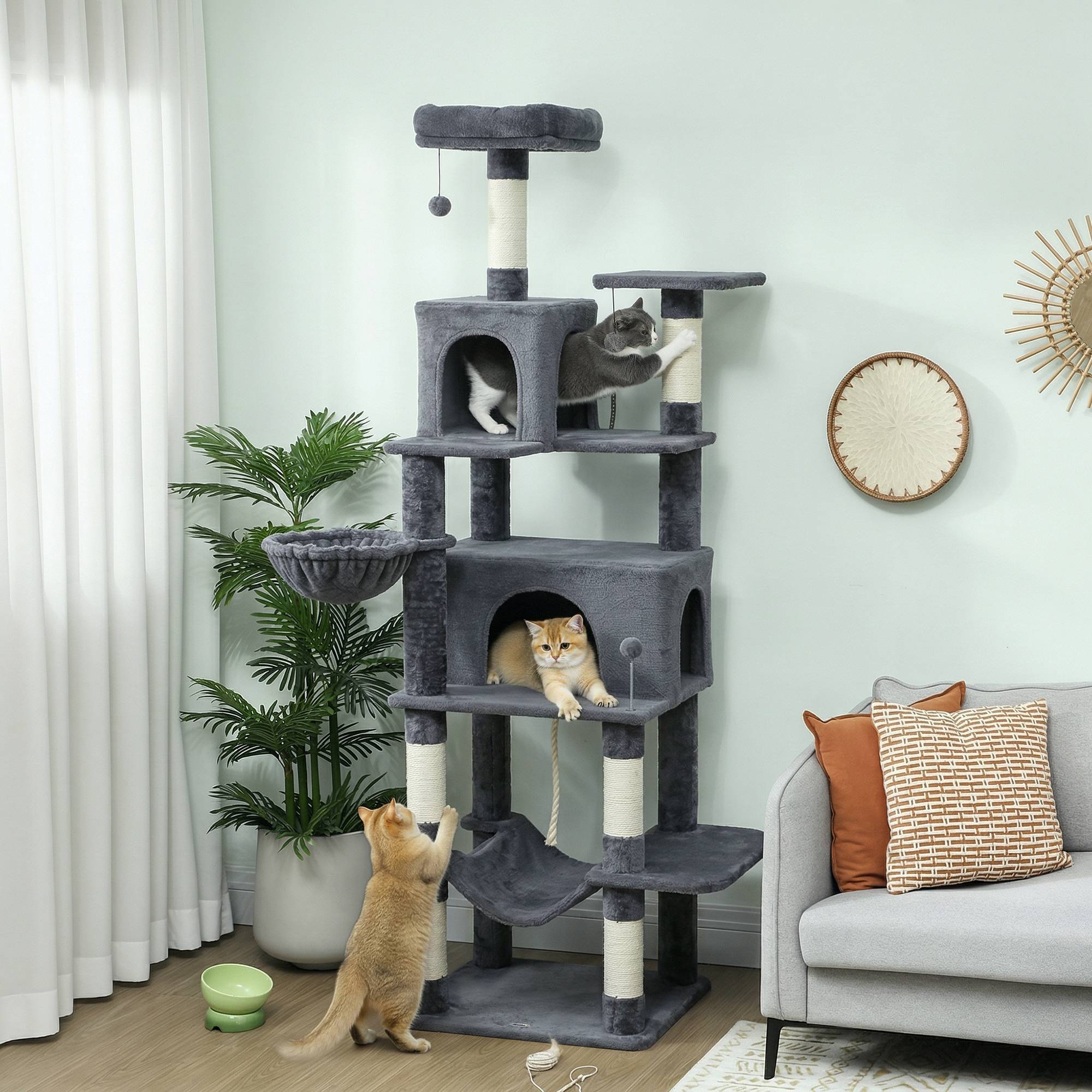 Arbre à chat avec plateforme, tour d'escalade avec couchage, grottes, poteaux en sisal, 60 x 48 x 202 cm, gris - Image 3