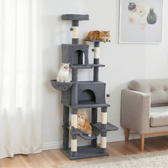 Arbre à chat avec plateforme, tour d'escalade avec couchage, grottes, poteaux en sisal, 60 x 48 x 202 cm, gris - Image 4