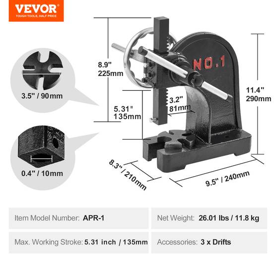 Vevor - VEVOR Presse crémaillère manuelle 1 t, volant, hauteur max 15 cm, fonte. Estampage, pliage, formage. - Image 7