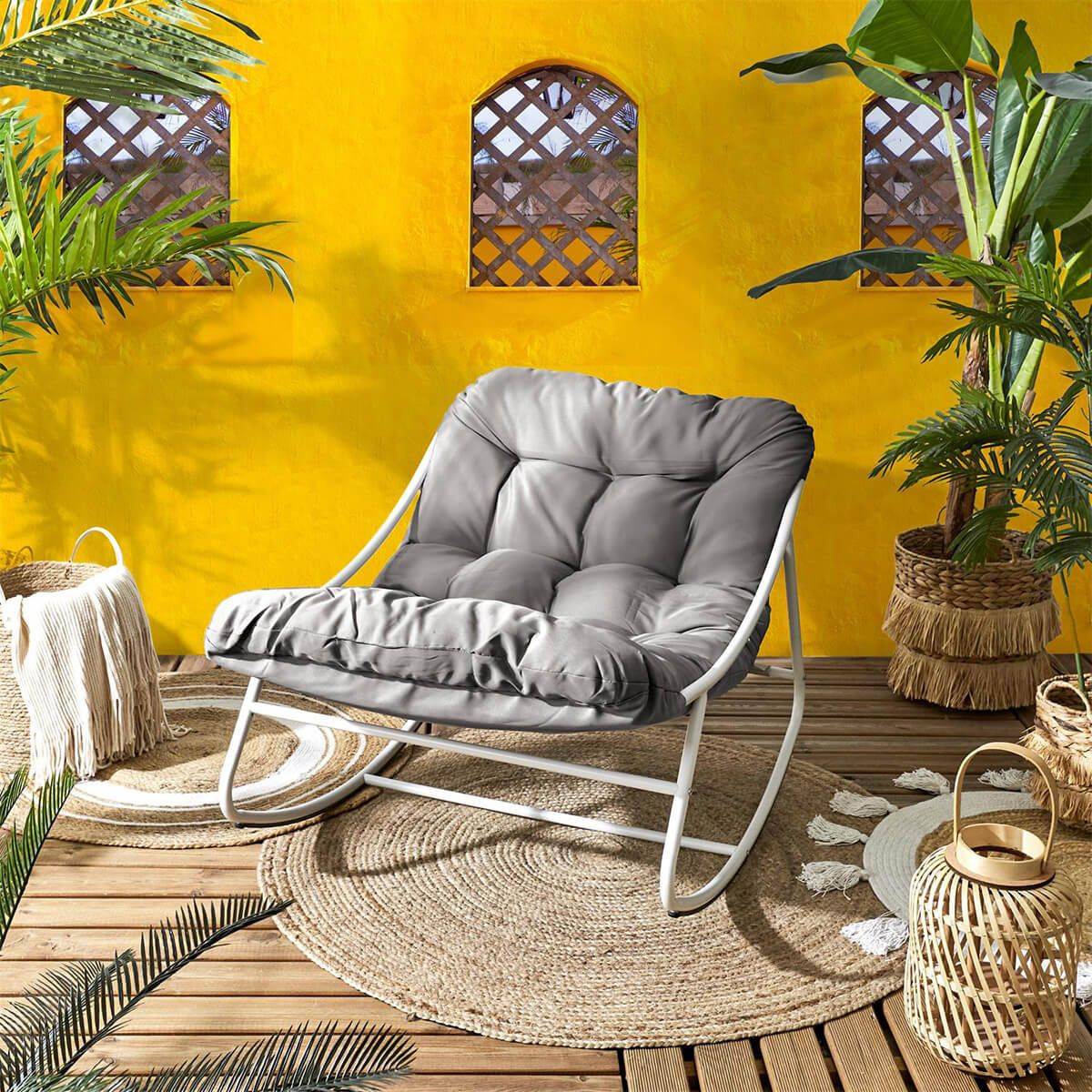 ALTOBUY - Fauteuil à Bascule en Métal Blanc et Textilène avec Coussin d'assise Taupe - SABHA - Image 2