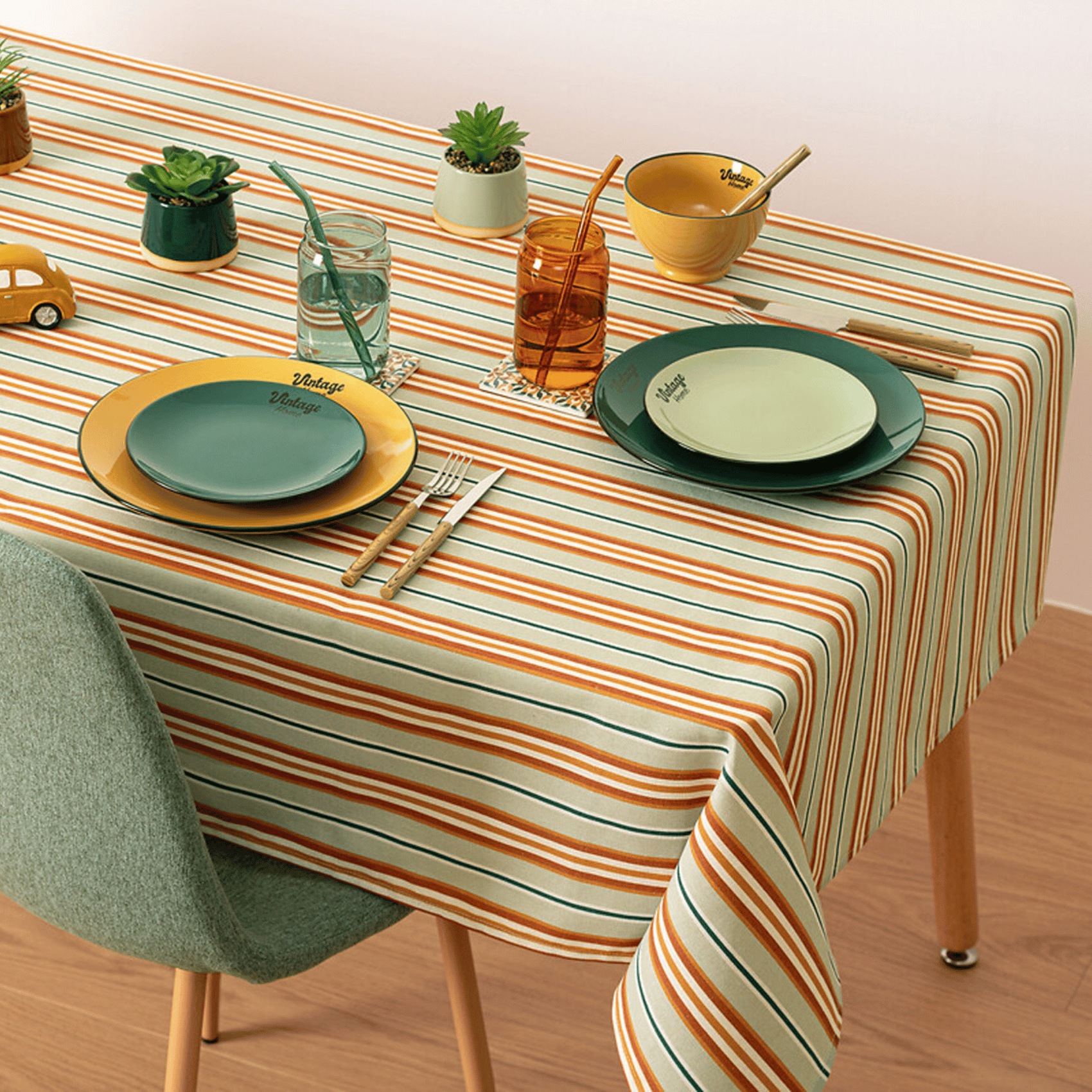 Nappe en polycoton Terracotta  Blanc et Céladon motif vintage 150 x 250 cm - Imagen 3