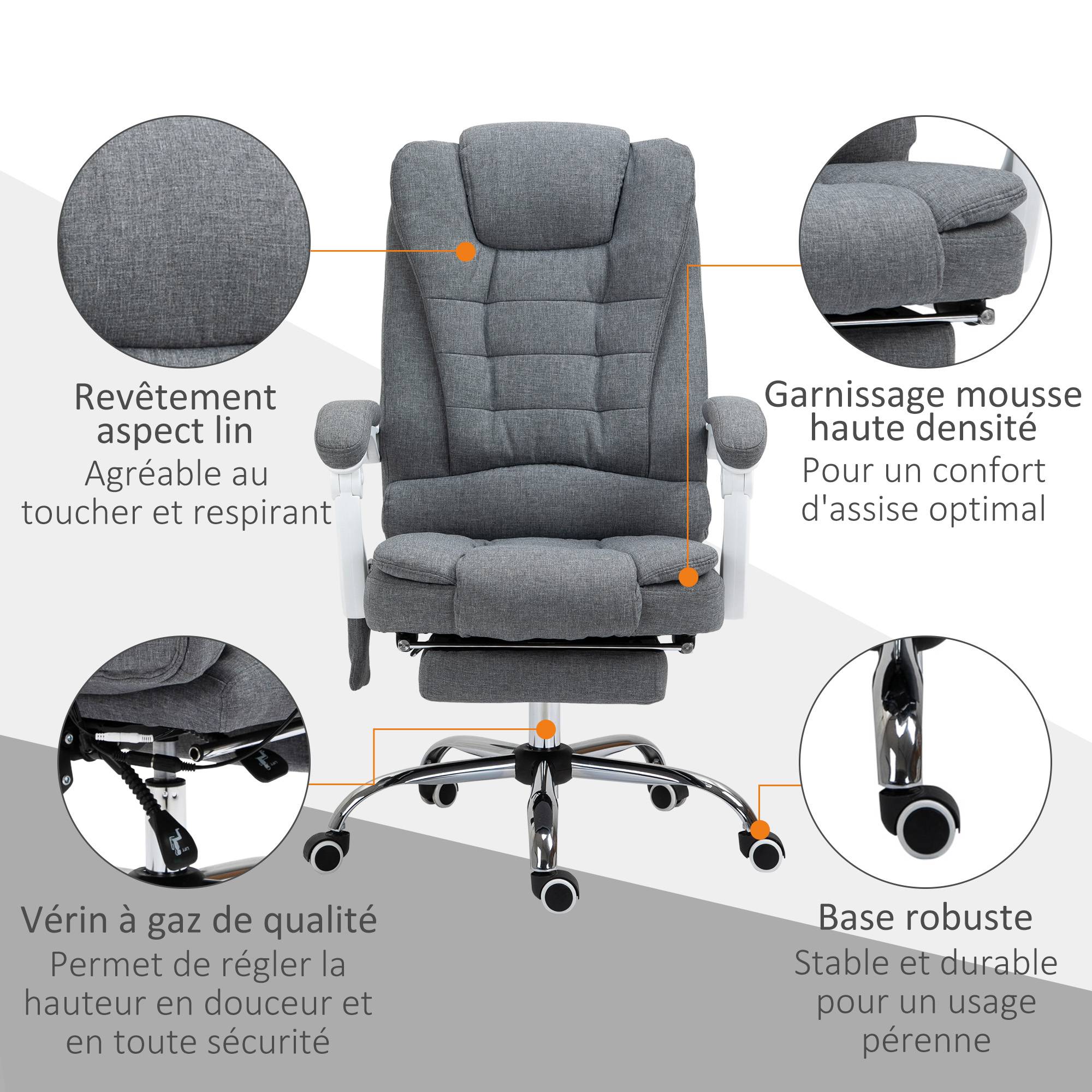 Sans Marque - Fauteuil de bureau direction massant chauffant hauteur réglable dossier inclinable toile de lin gris - Image 10