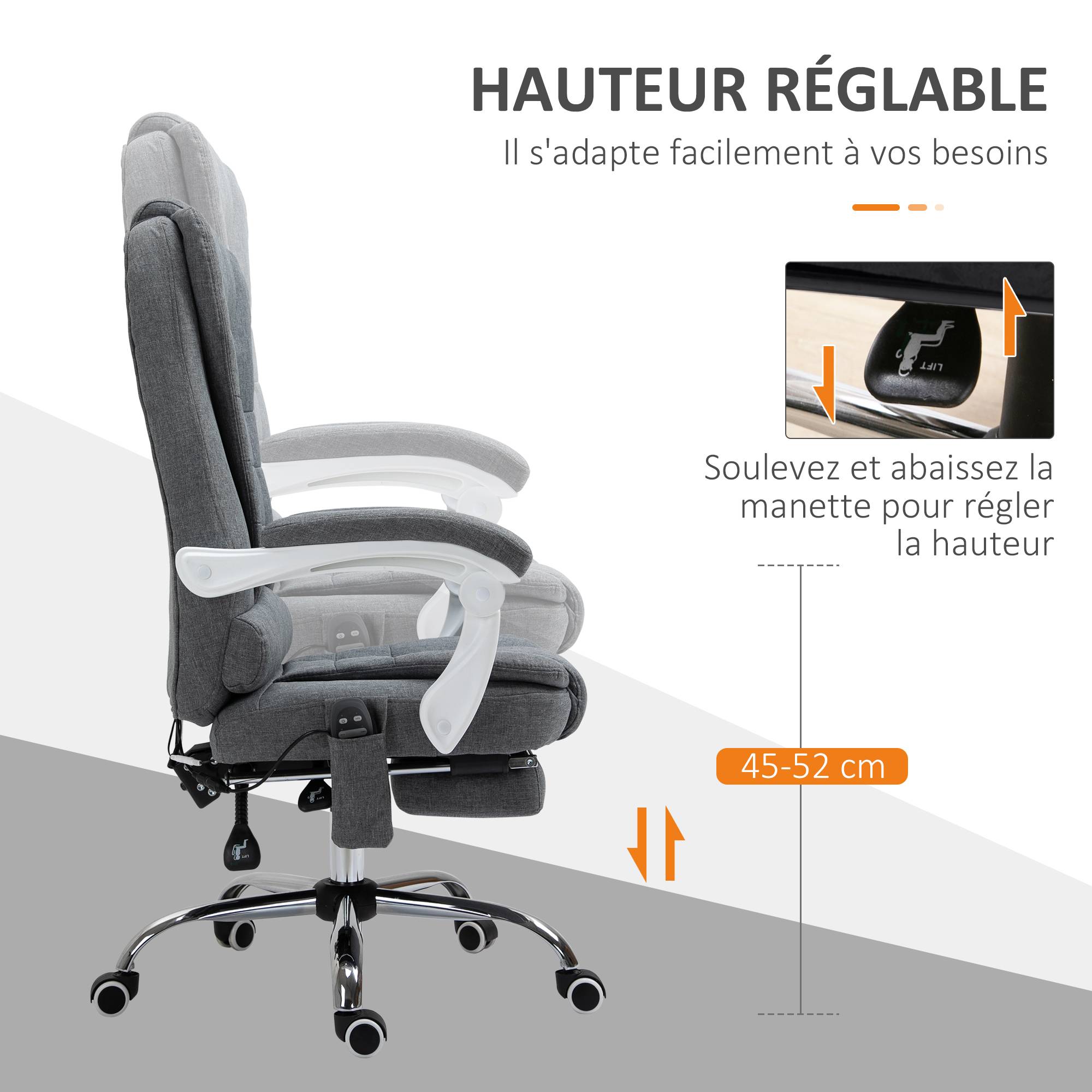 Sans Marque - Fauteuil de bureau direction massant chauffant hauteur réglable dossier inclinable toile de lin gris - Image 9