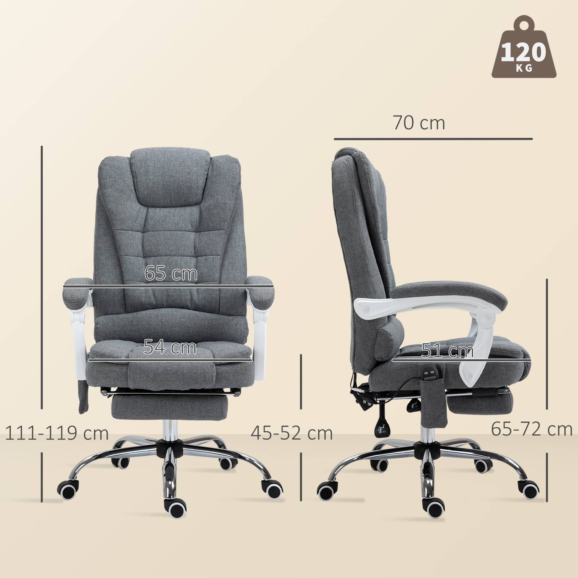 Sans Marque - Fauteuil de bureau direction massant chauffant hauteur réglable dossier inclinable toile de lin gris - Image 5