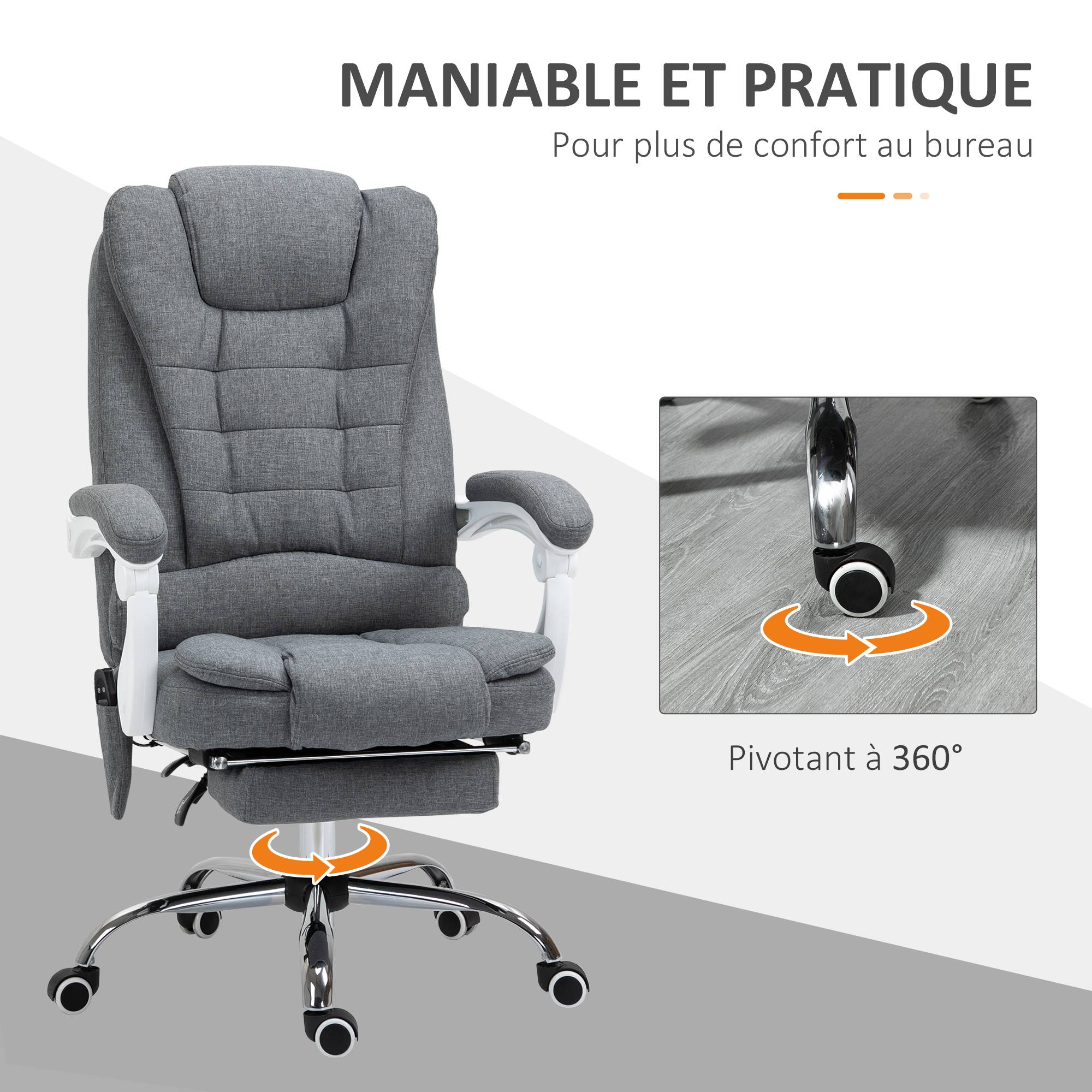 Sans Marque - Fauteuil de bureau direction massant chauffant hauteur réglable dossier inclinable toile de lin gris - Image 7