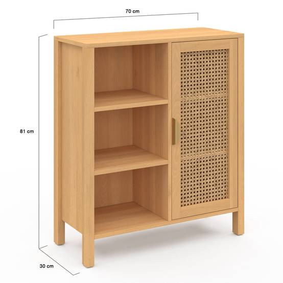 Buffet d'appoint 3 étagères et placard 70 cm EDHEN bois et cannage - Image 4