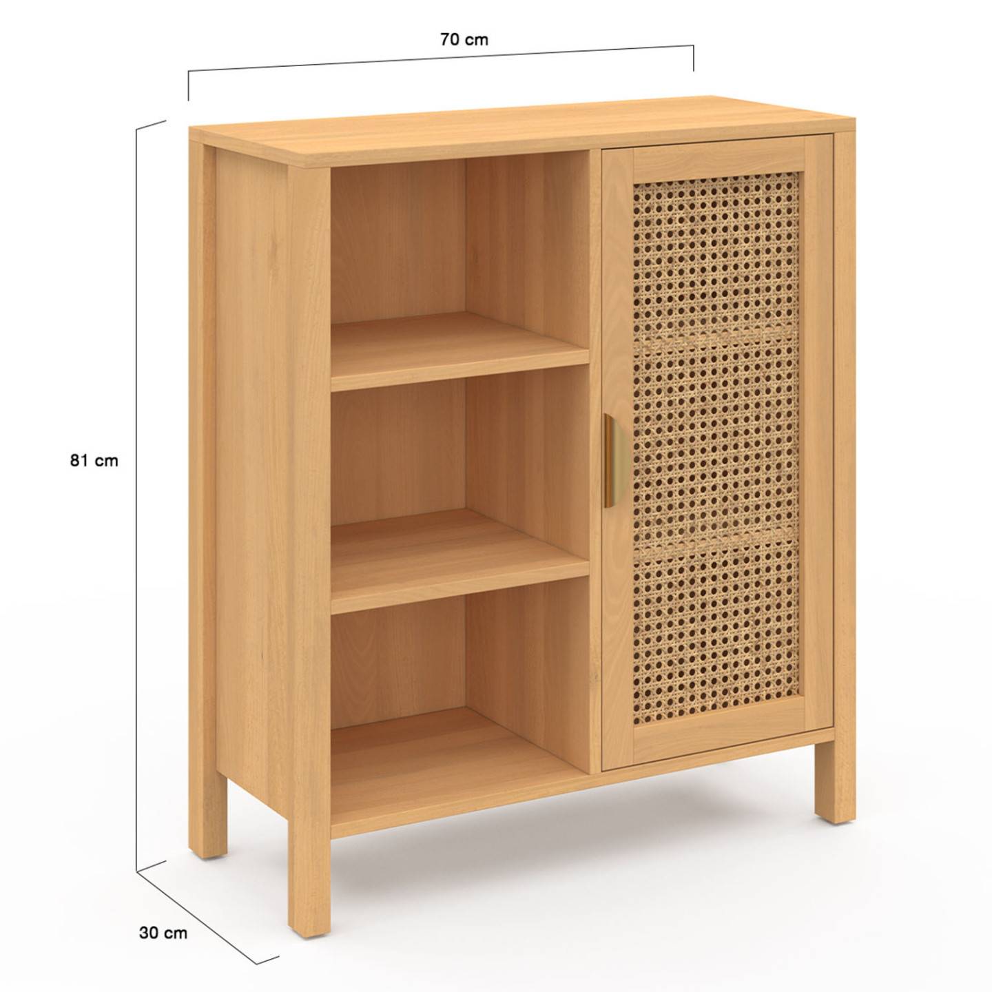 Buffet d'appoint 3 étagères et placard 70 cm EDHEN bois et cannage - Image 4