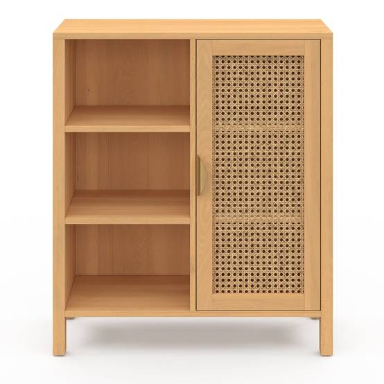 Buffet d'appoint 3 étagères et placard 70 cm EDHEN bois et cannage - Image 3