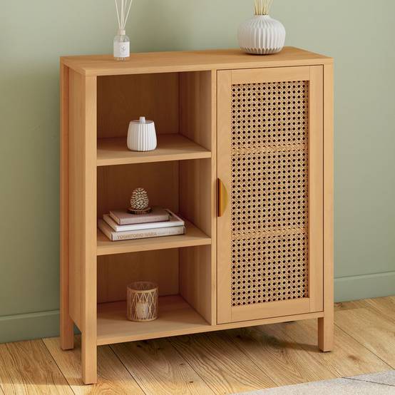 Buffet d'appoint 3 étagères et placard 70 cm EDHEN bois et cannage - Image 1