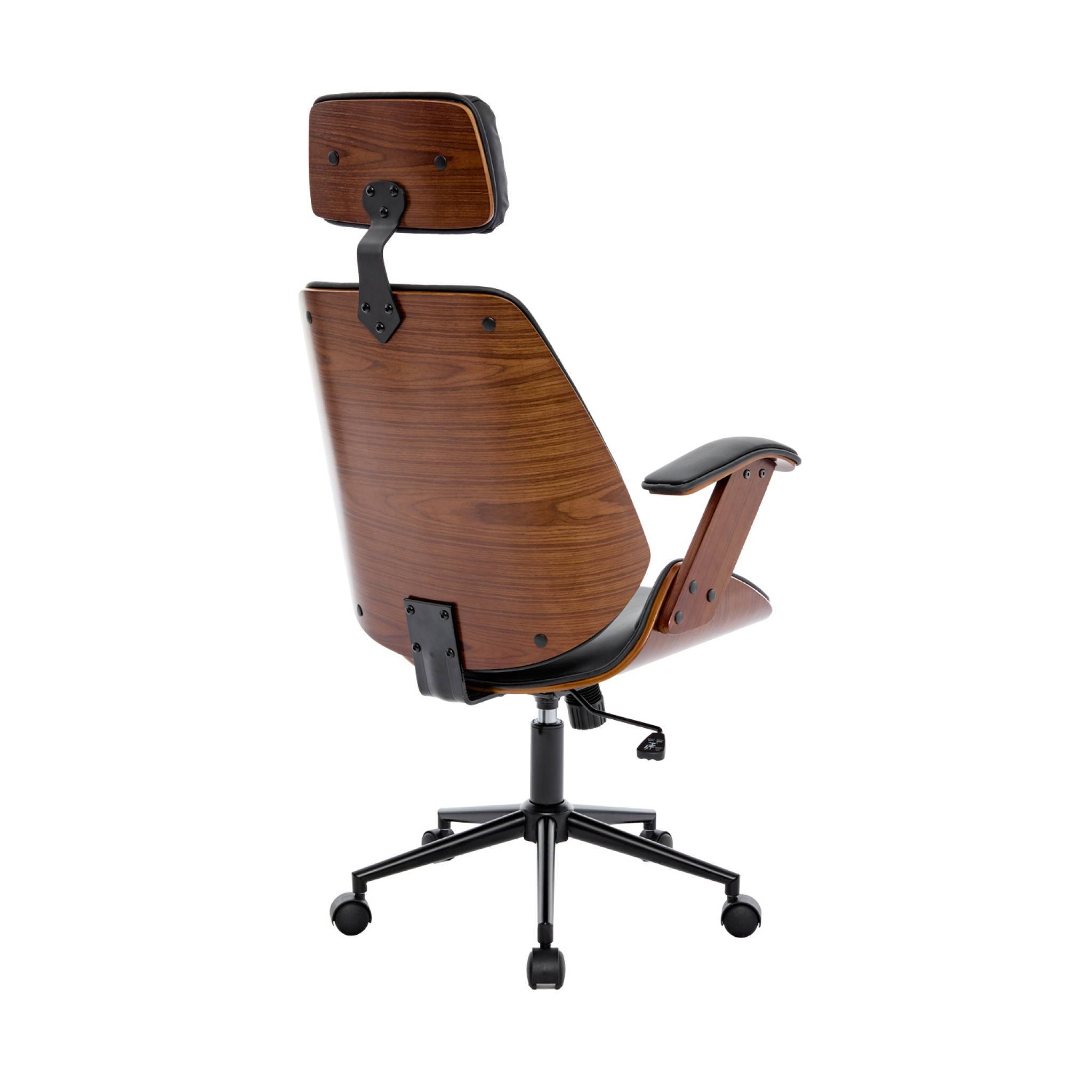 sweeek - Chaise de bureau à roulettes décor bois courbé placage effet noyer et simili cuir noir | sweeek - Image 3