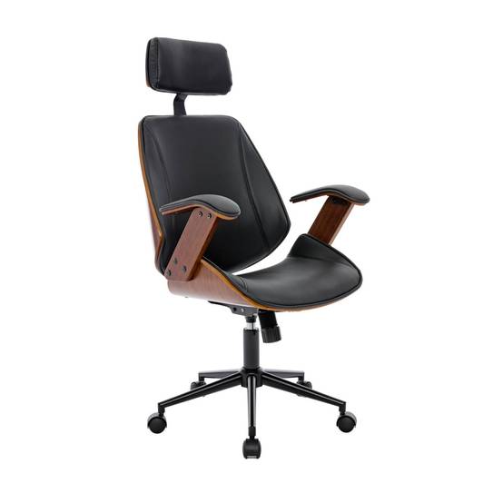 sweeek - Chaise de bureau à roulettes décor bois courbé placage effet noyer et simili cuir noir | sweeek - Image 2